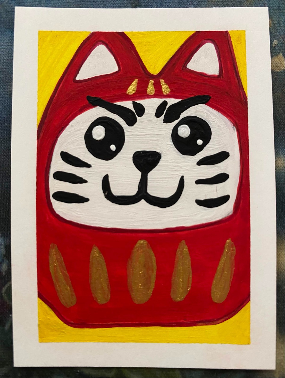 ACEO Original Cat Daruma Japanese Doll Japan Miniature Painting Cute Atc Art