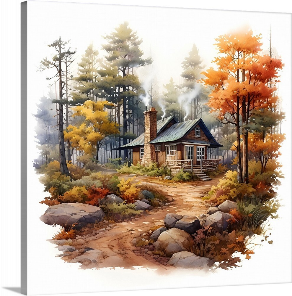Cabin In the Woods Trees Painting Landscape Art Canvas Wrap 20 x 20 Giclee Print