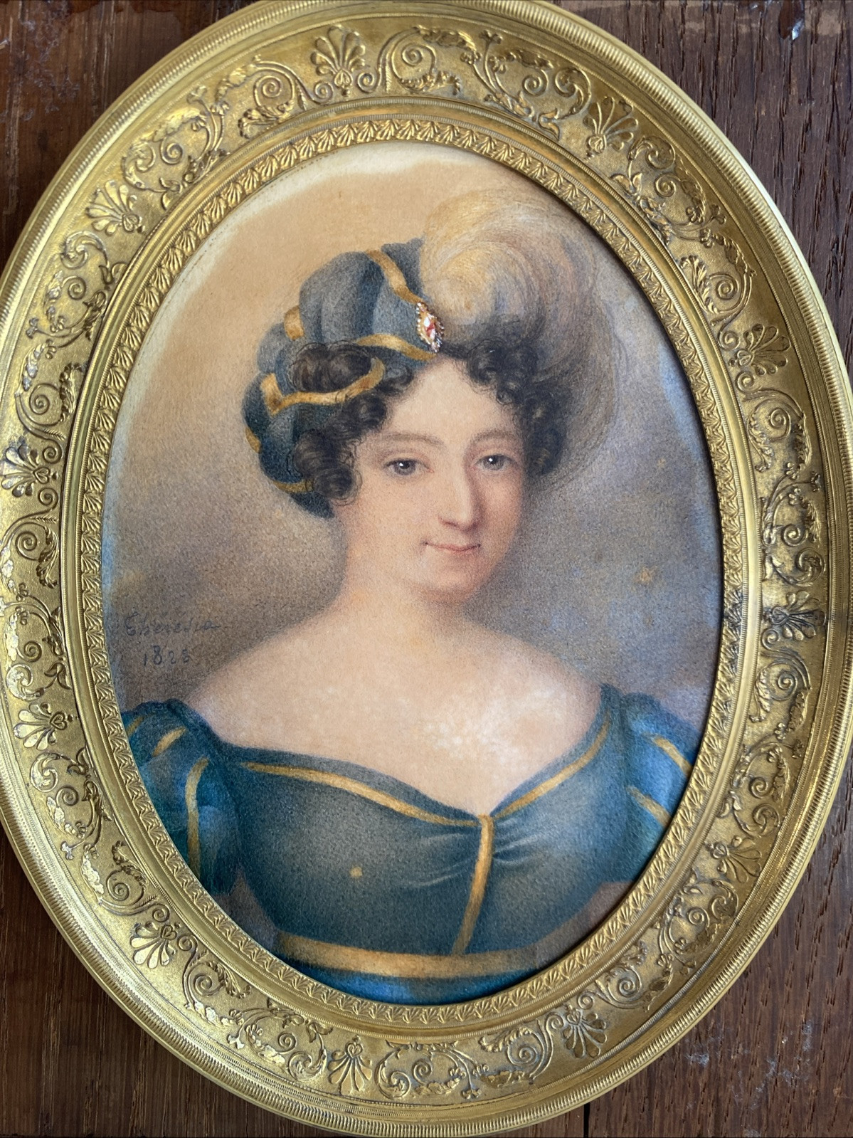 Russian Signed 19th Century Framed Oval Watercolor Portrait of a Woman, 1822