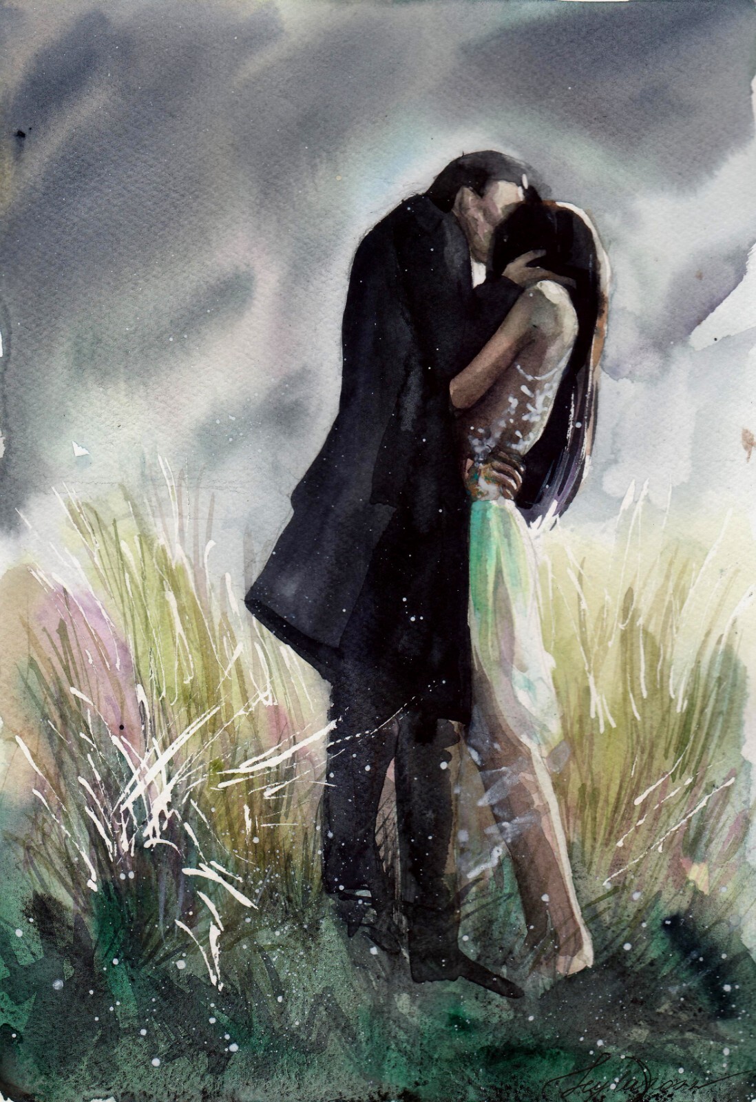 Original Watercolor Painting Romantic Couple Painting Gothic Lovers Painting