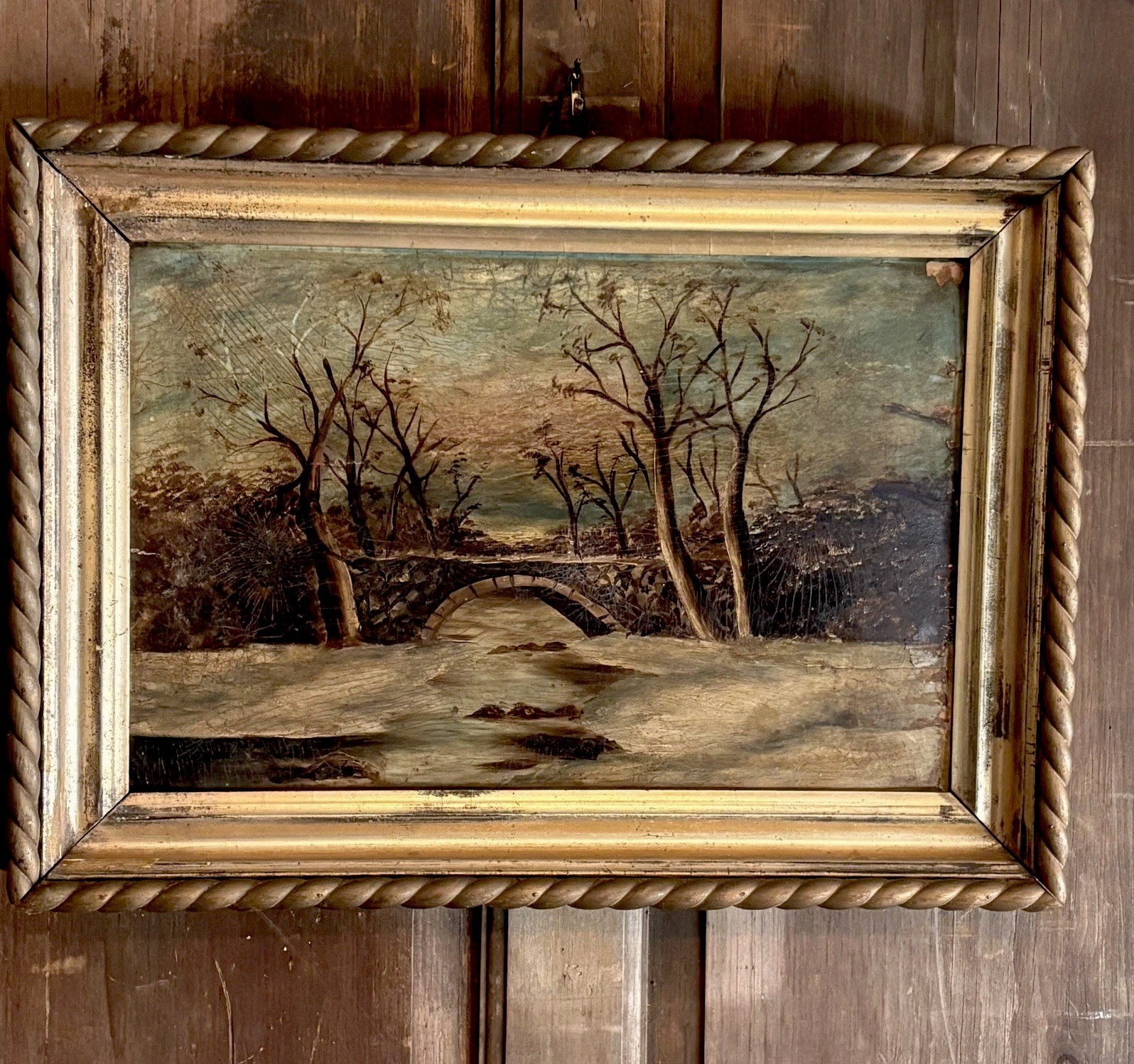 EUROPEAN OIL MOODY Landscape KEYHOLE Bridge Framed BOARD 23 x 16.5