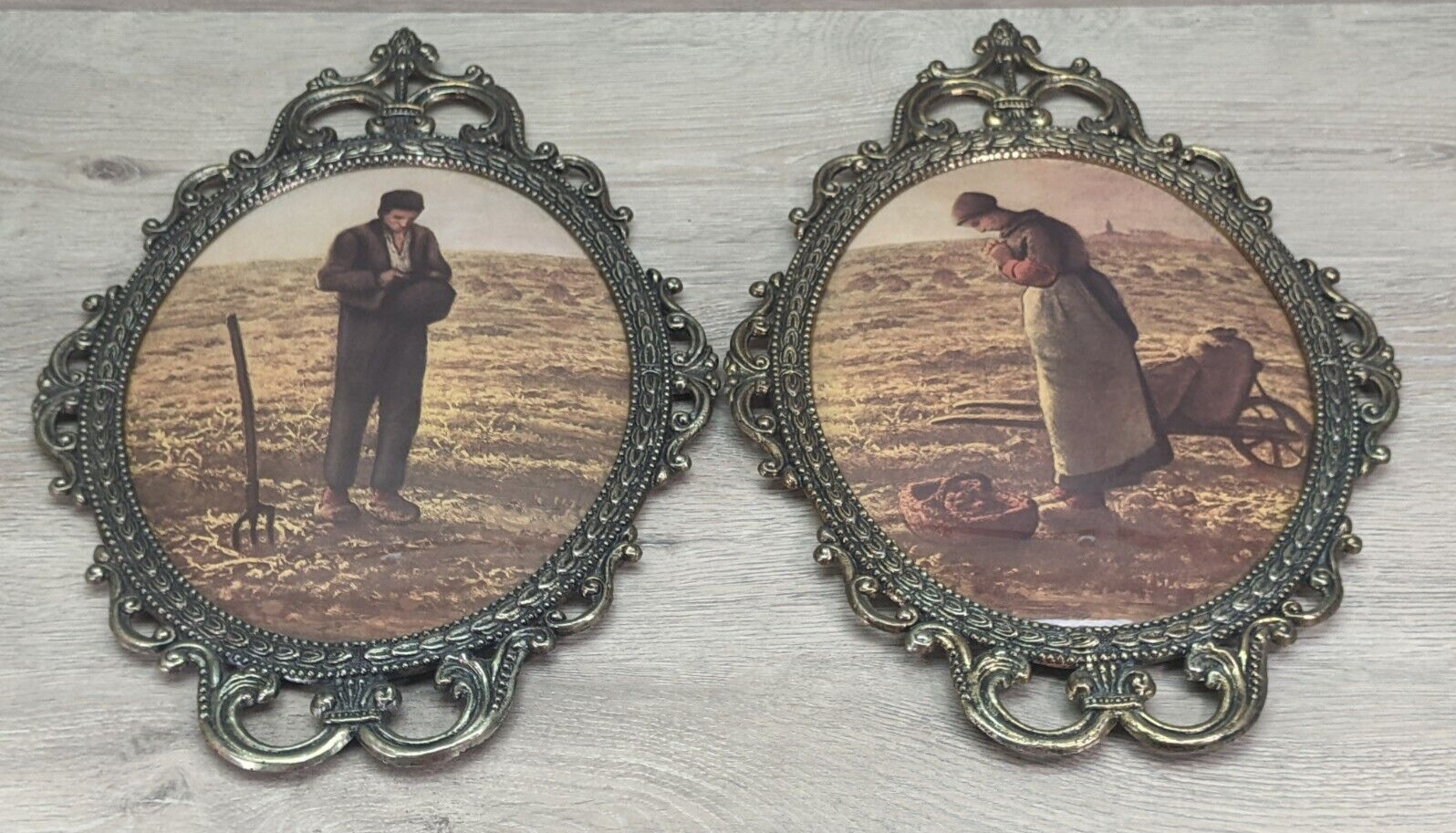 VTG «The Angelus» Jean-Francois Millet Farmer & Wife Convex Oval Pictures L@@K!