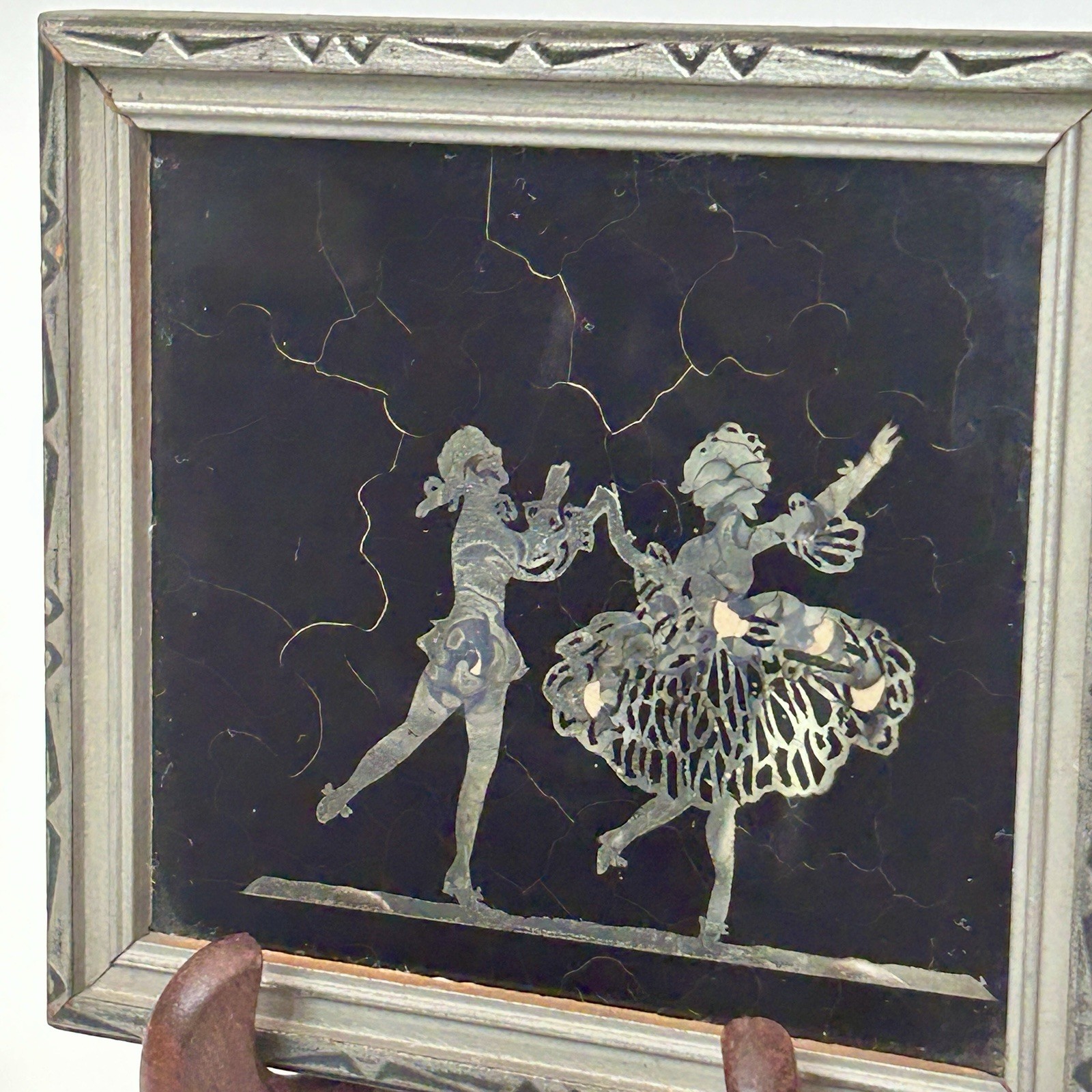 Pair 1930s Reverse Painted Glass Ballet Dancers Silhouette Wood Frame 4½″ VTG