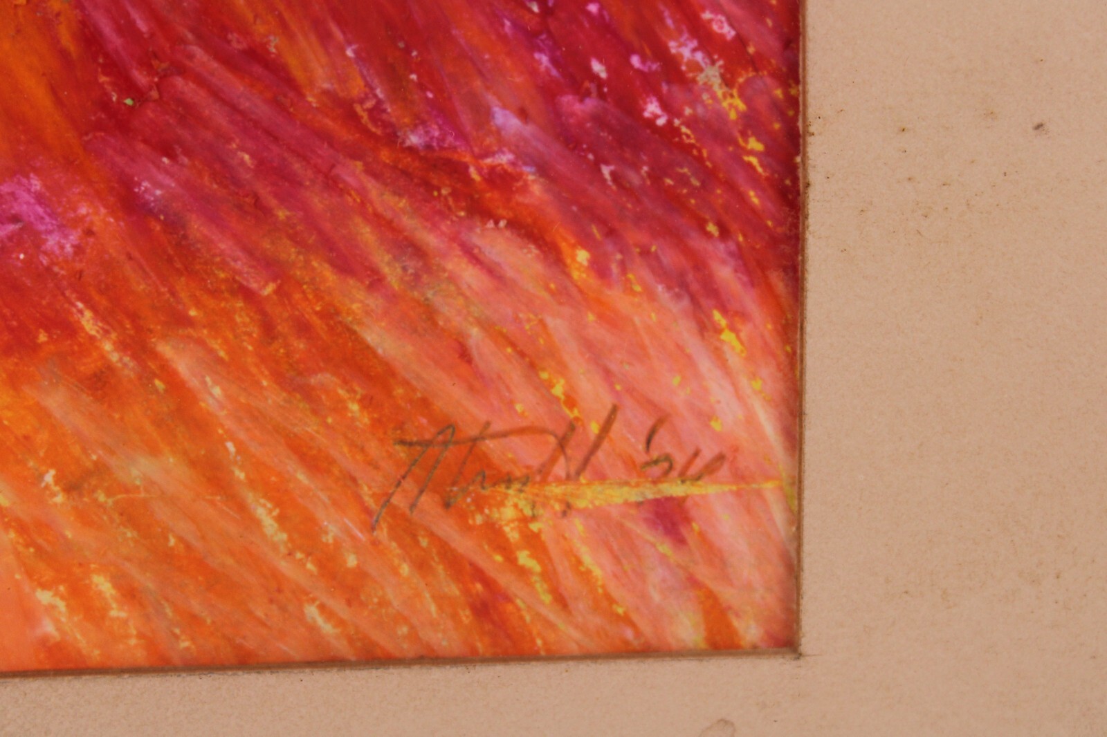 Mid Century Pink Abstract Oil Crayon Painting On Paper Signed Richard Terrell 64