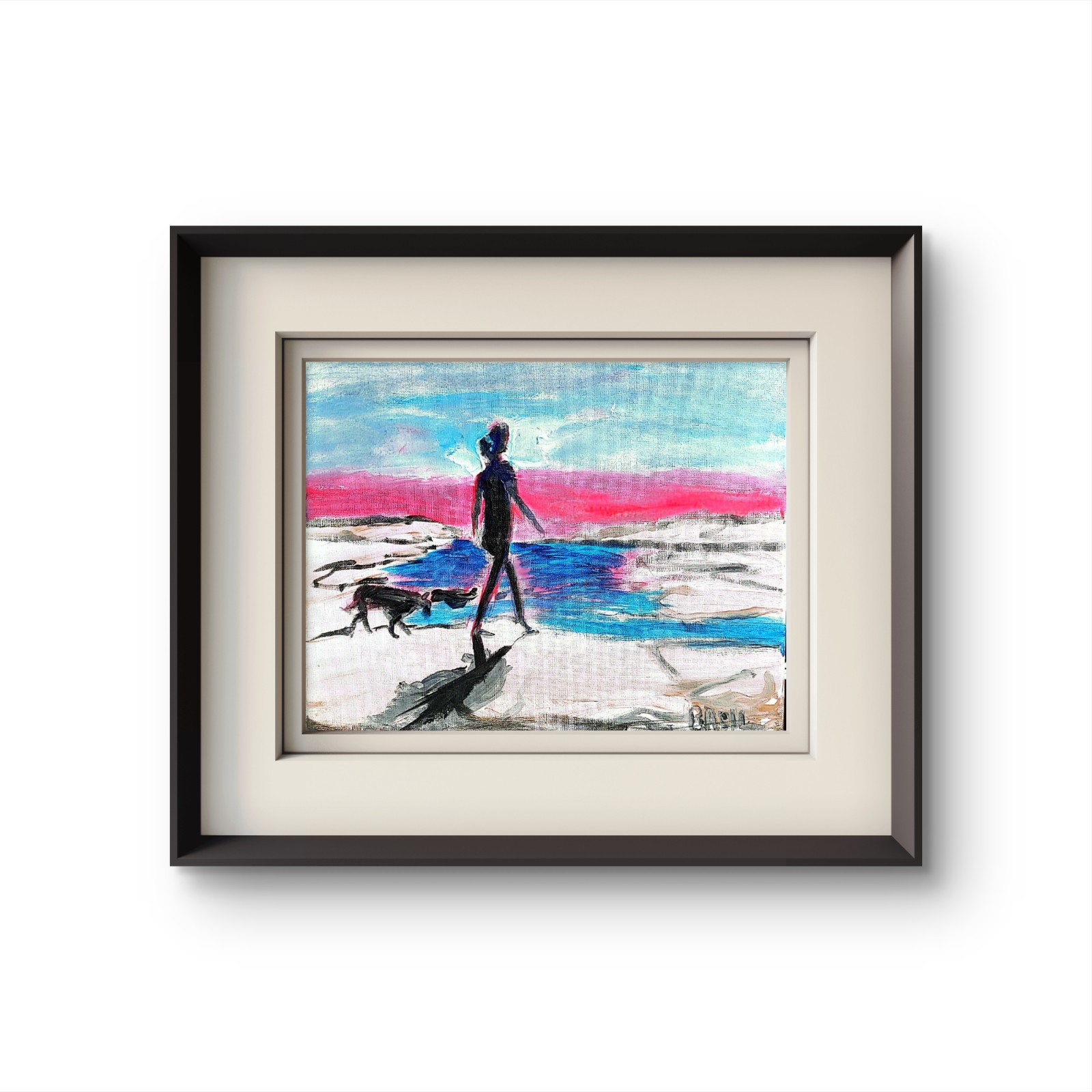 Dog Walk At Beach Silhouette Figurative Abstract Expressionist Painting 11×14