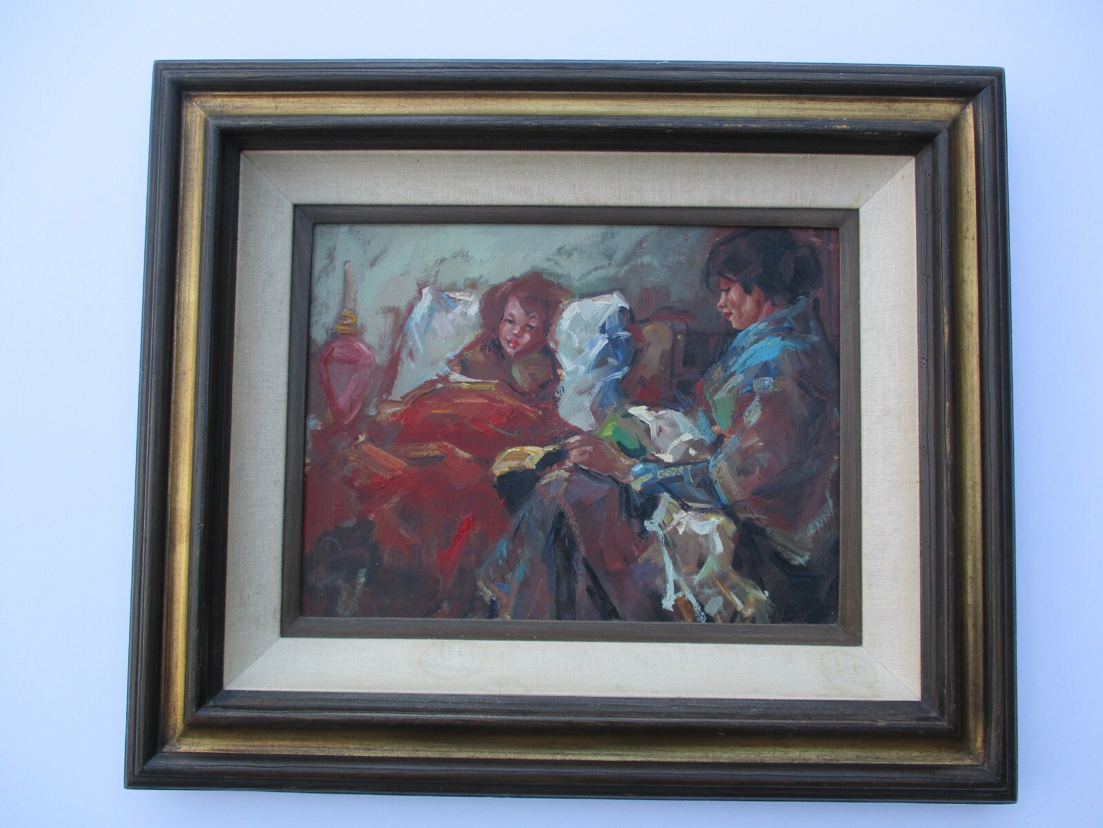 VINTAGE OIL PAINTING MASTERFUL IMPRESSIONIST PORTRAIT WOMAN AND CHILD MOTHER