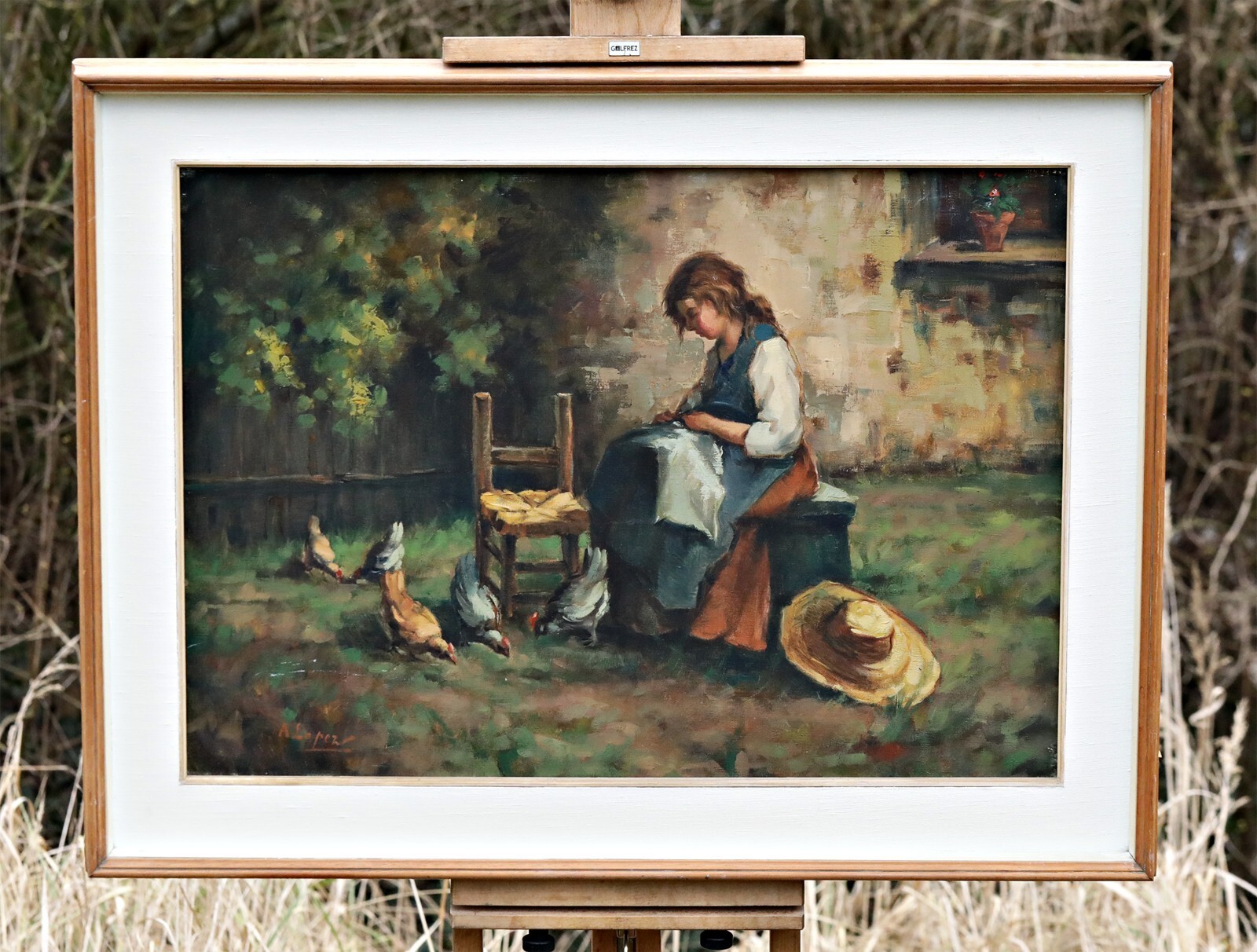 Signed Oil Painting on Canvas of Girl With Chickens in Garden, Framed