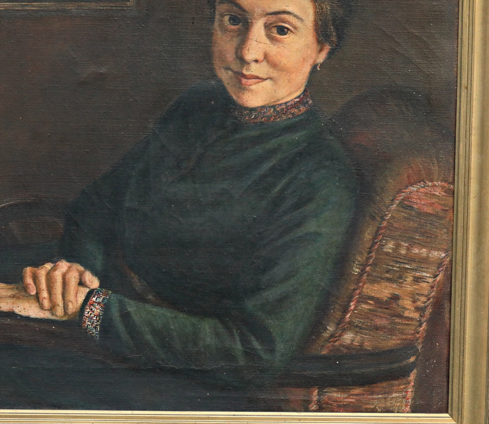 Antique Oil Painting of Lady Portrait in Armchair with Frame, Vintage