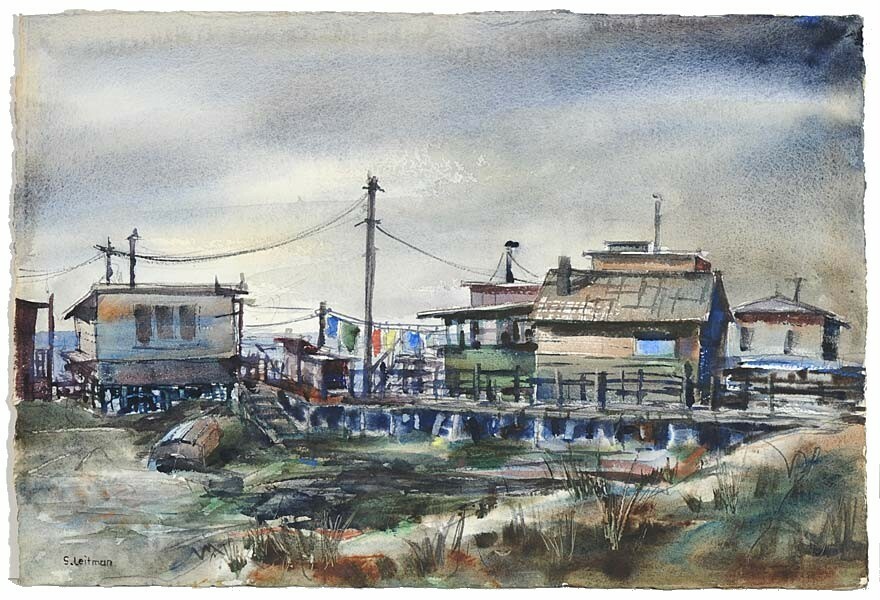 Large, Original Samuel Leitman Watercolor – Rockport Fishing Shacks