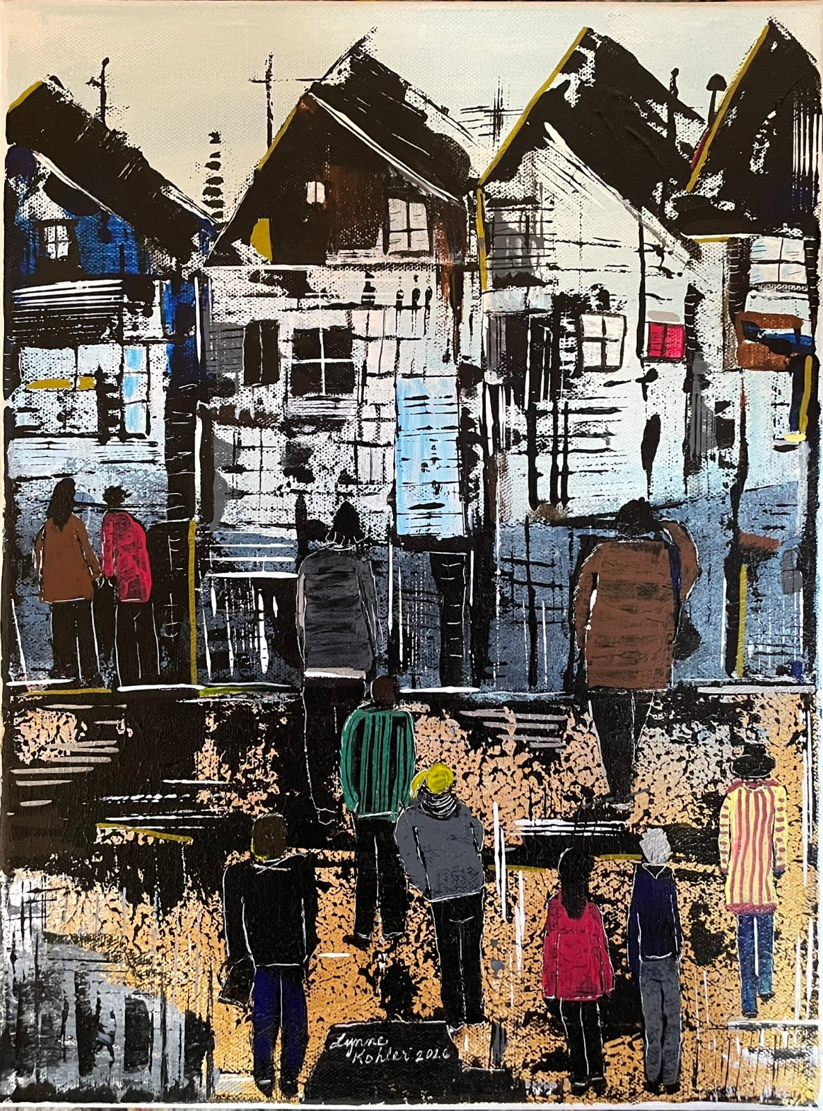 Original people figures Buildings 12×16″ painting CANVAS by Lynne Kohler