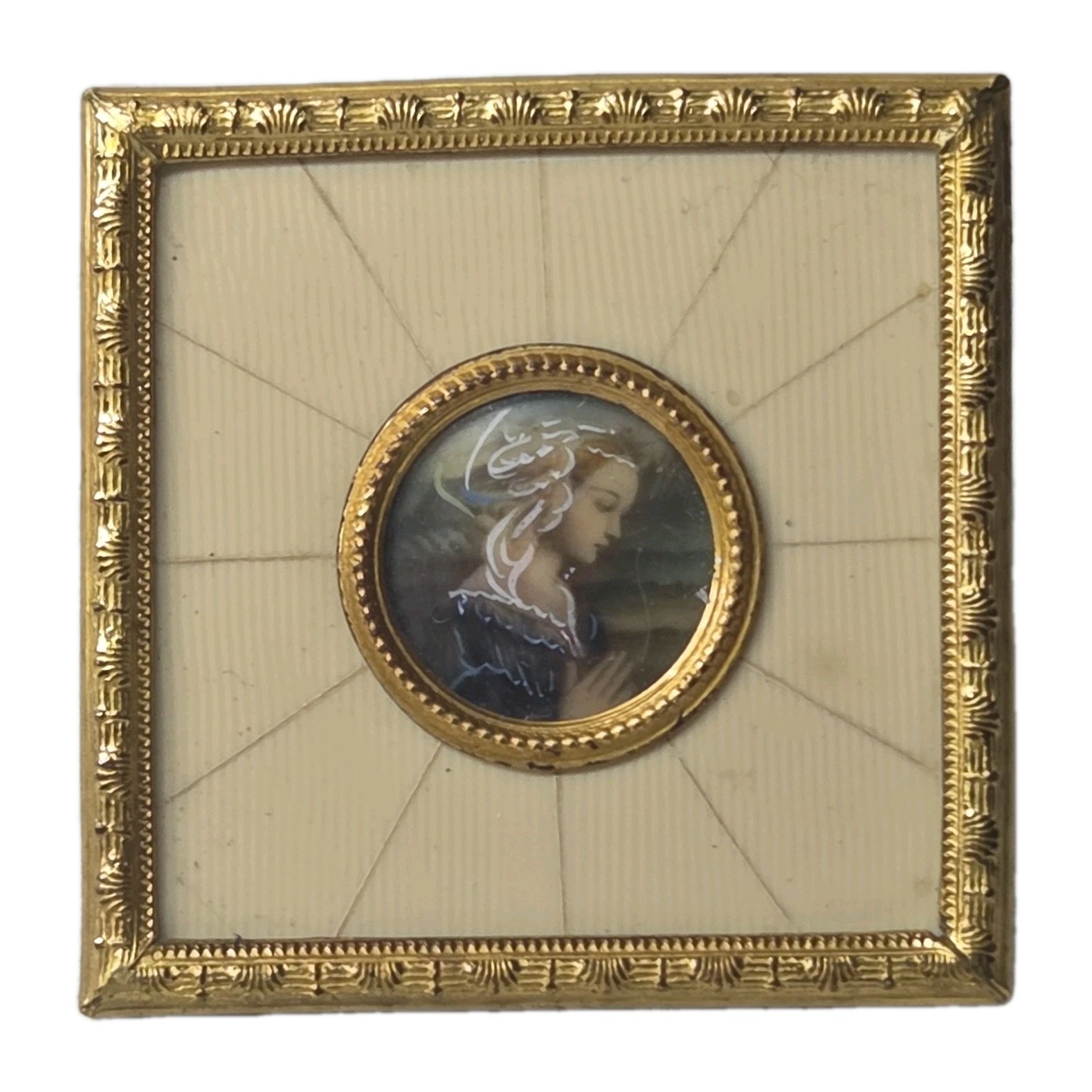 06L25 Antique Painting Miniature Frame Golden a Palm Leaves Xixth