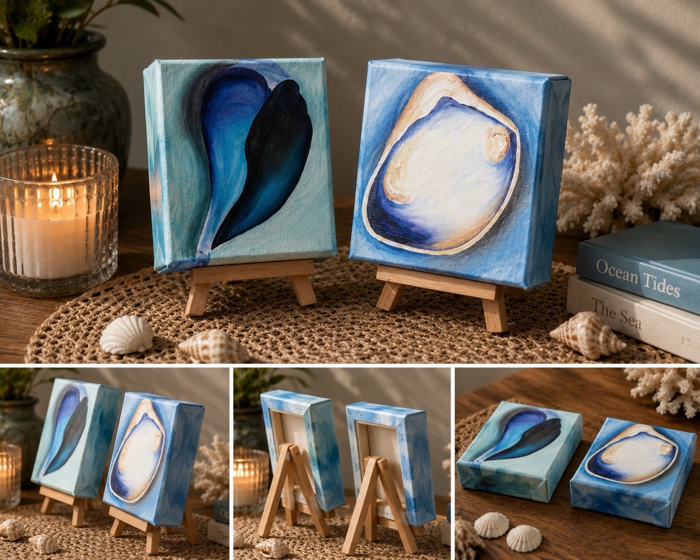 Original Acrylic Shell Paintings Set Contemporary Miniature Canvas Signed