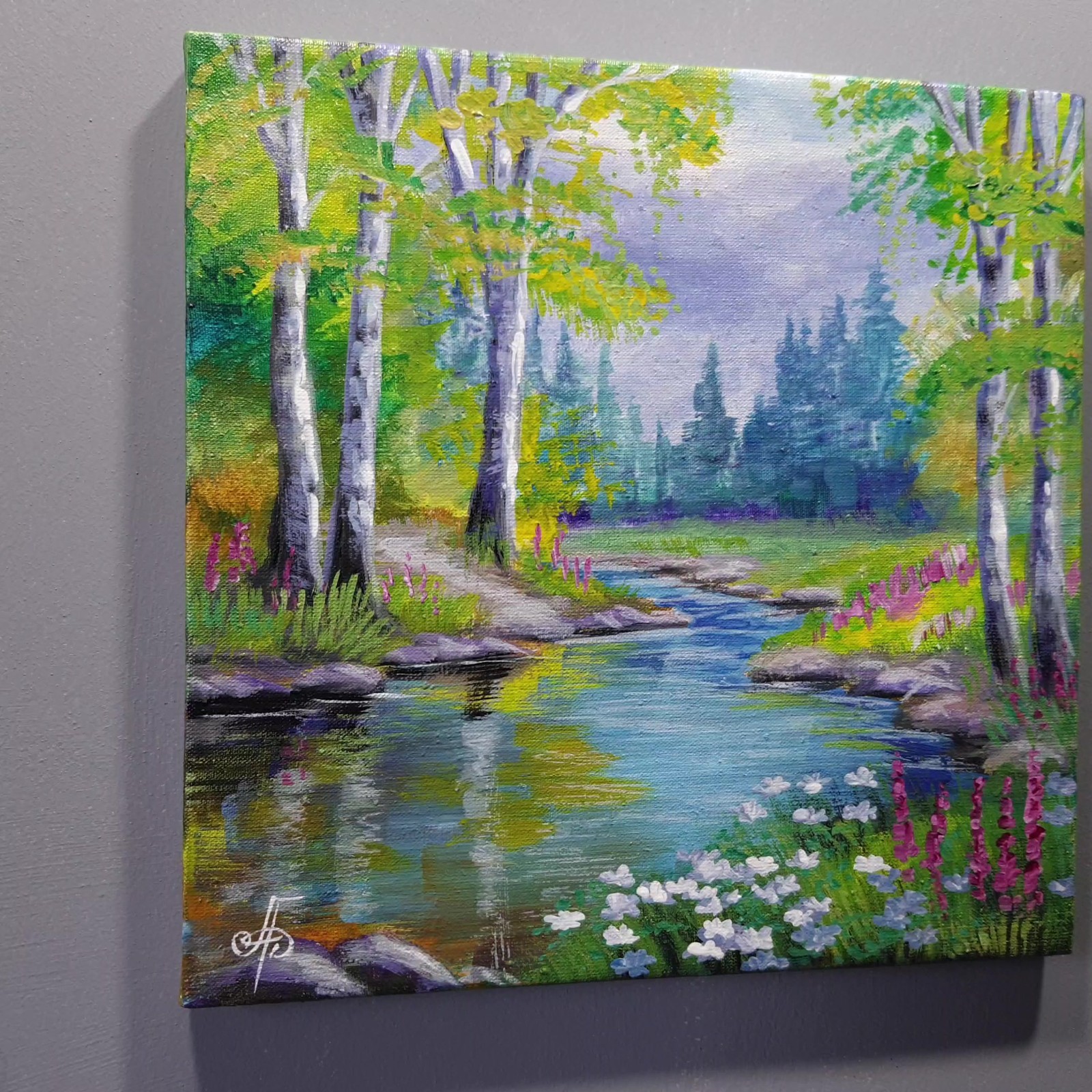 Summer Peace Landscape Acrylic Painting River Forest Nature Canvas Artwork 8×8
