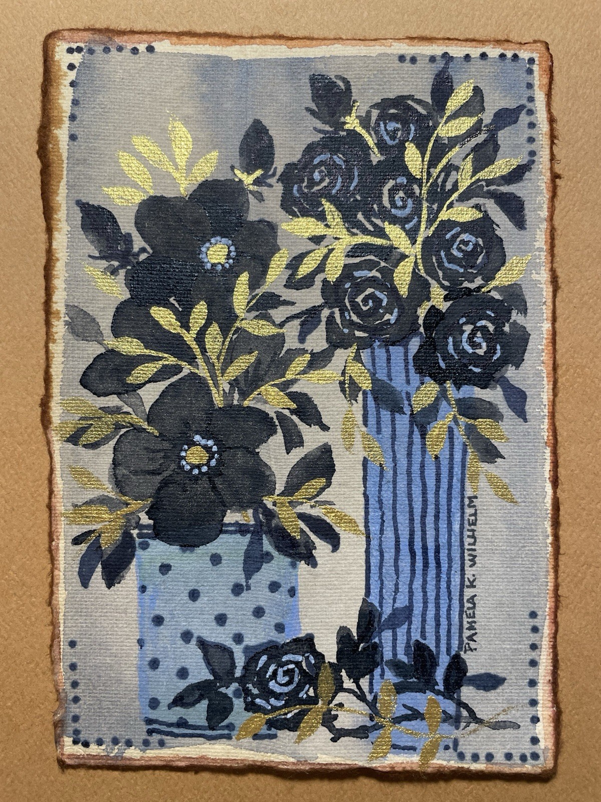 Pamela Wilhelm 4X6” Original Watercolor Tea Stained Paper Blue Black Gold Floral