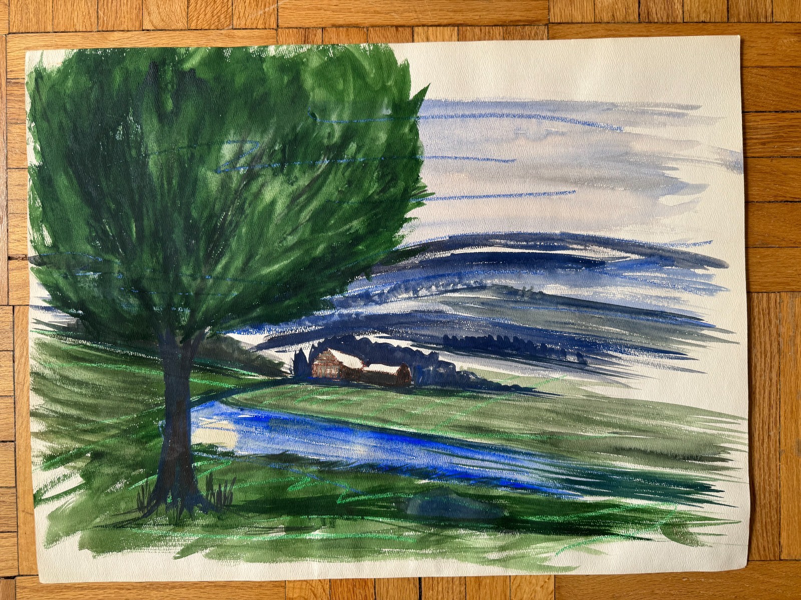 Vintage 1950’s Watercolor Painting Green Lush Landscape Barn Field OOAK 18 x 24