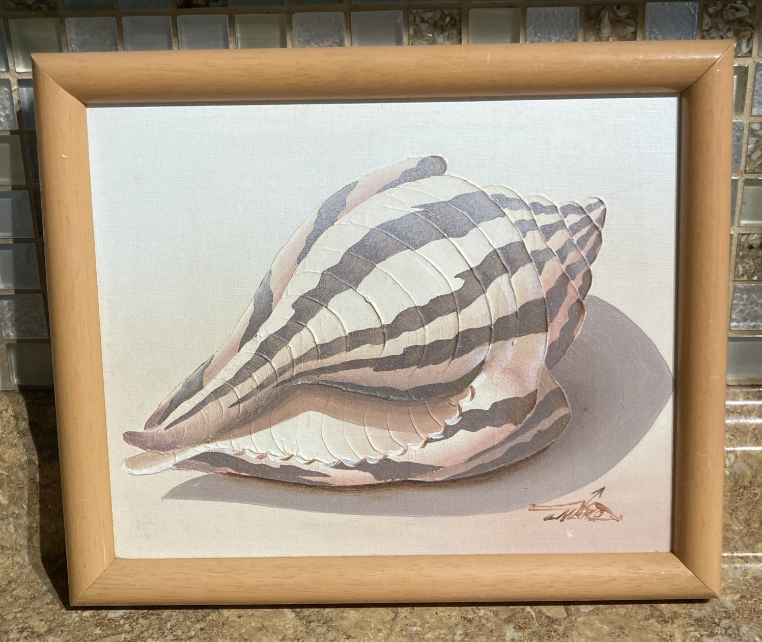 Myung Mario Jung Signed Conch Shell Painting Framed 11” X 9”