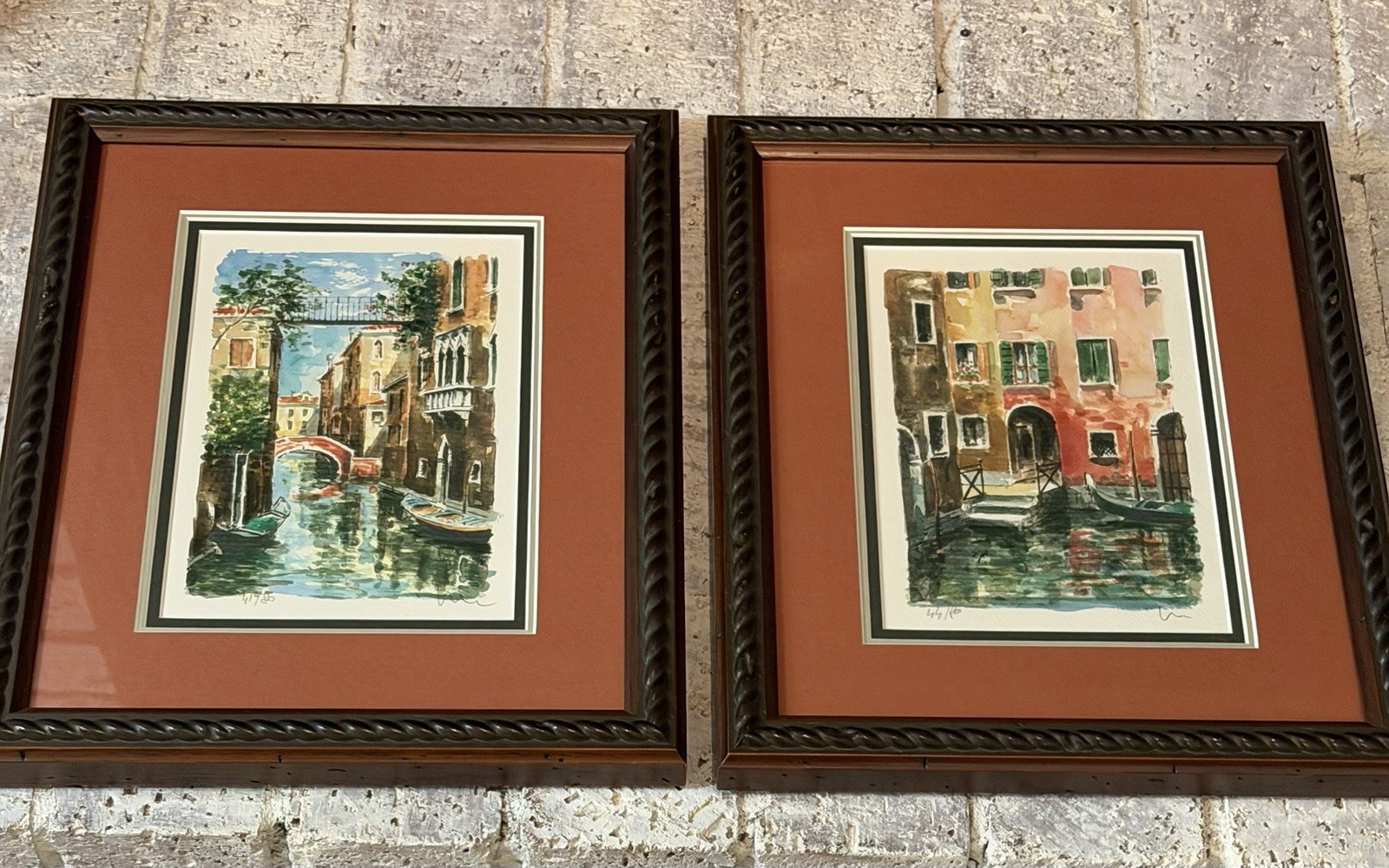 Venice, Italy Canal Original Vintage Watercolor Painting Set of 2 Signed, Framed