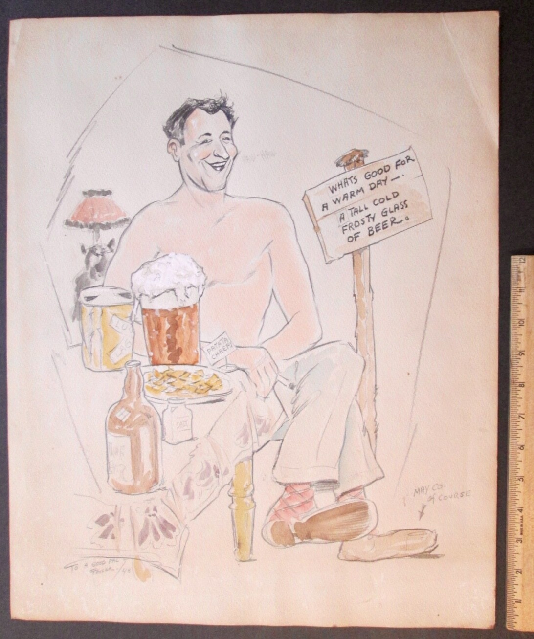 WWII STYLE CARICATURE SIGNED “T. TAYLOR 48″ ~ Mentions Beer & May Co. 20″ x 16″