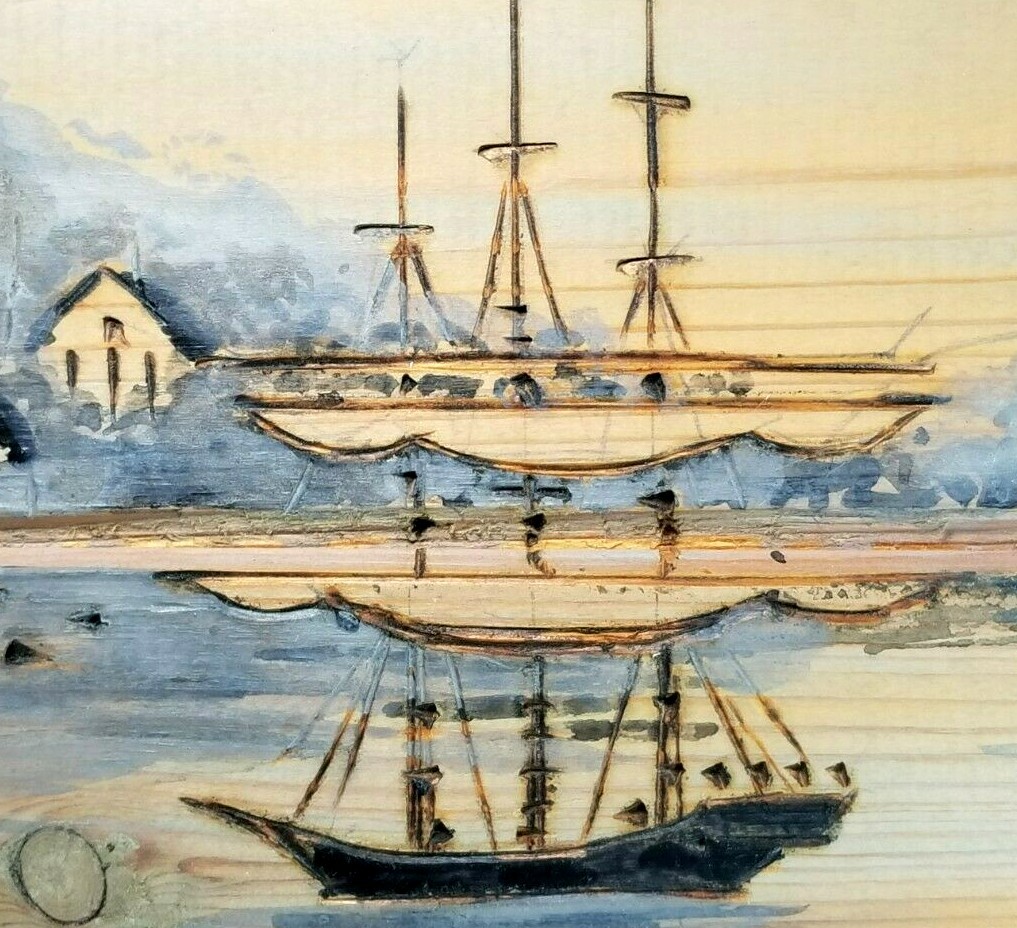 Fine American Folk Art Thom Cassotta harbor view wood painted & Burned Technique