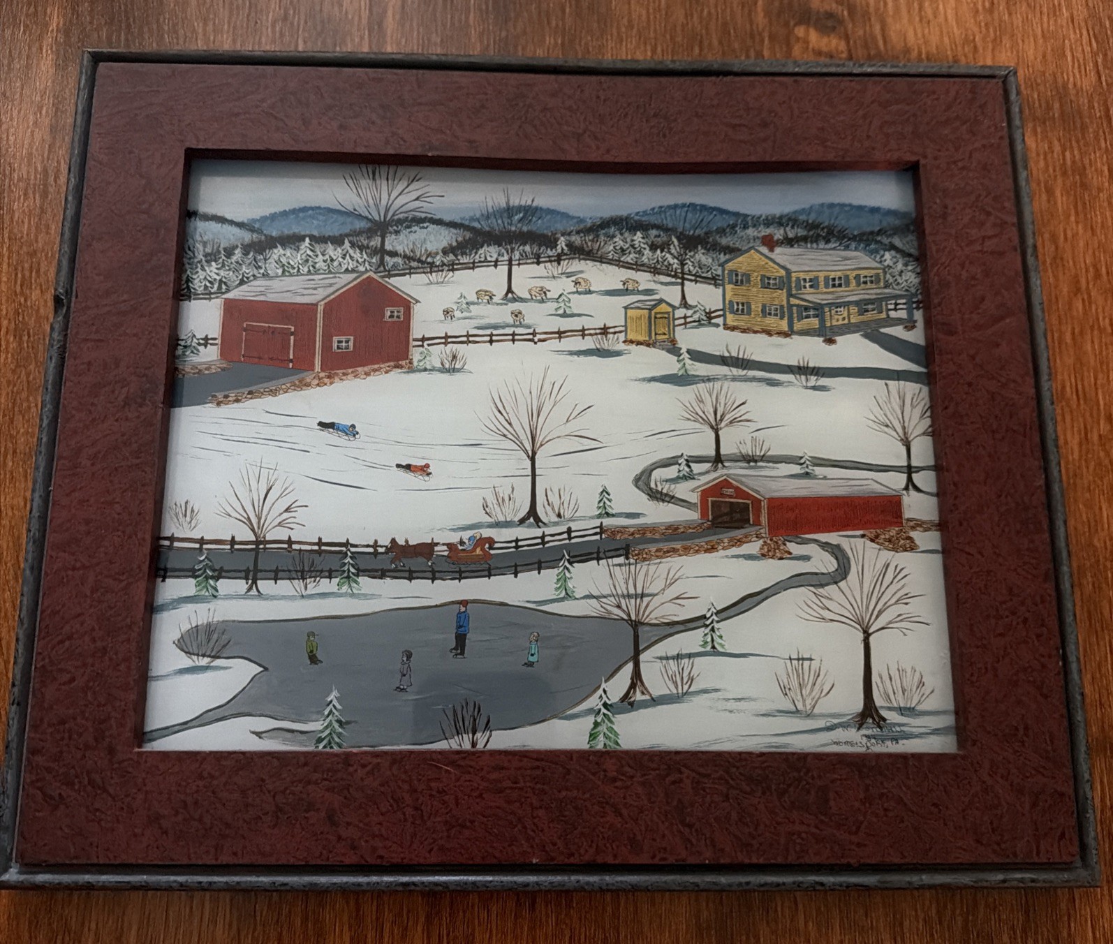 David W Gottshall Folk Art Winter Scene Reverse Painting On Glass 1984