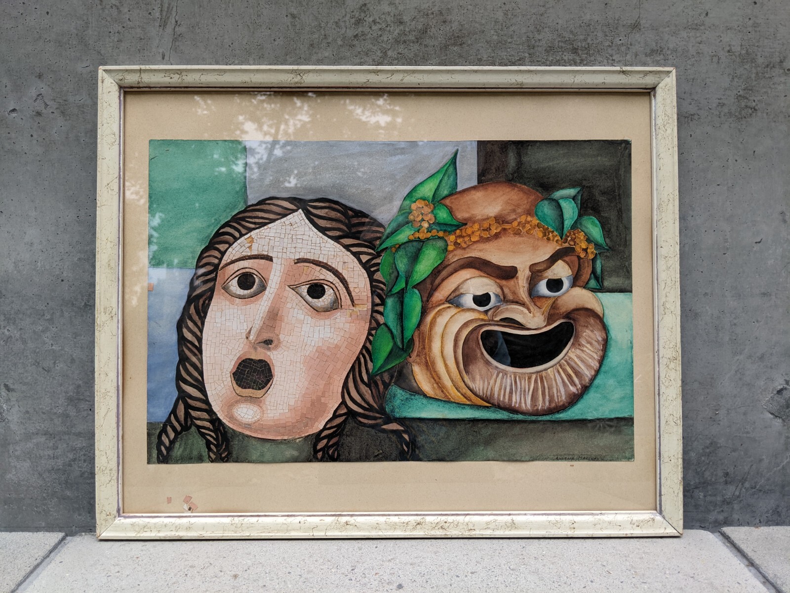 Signed Vintage Original Mosaic & Painting of Masks of the Roman Theater