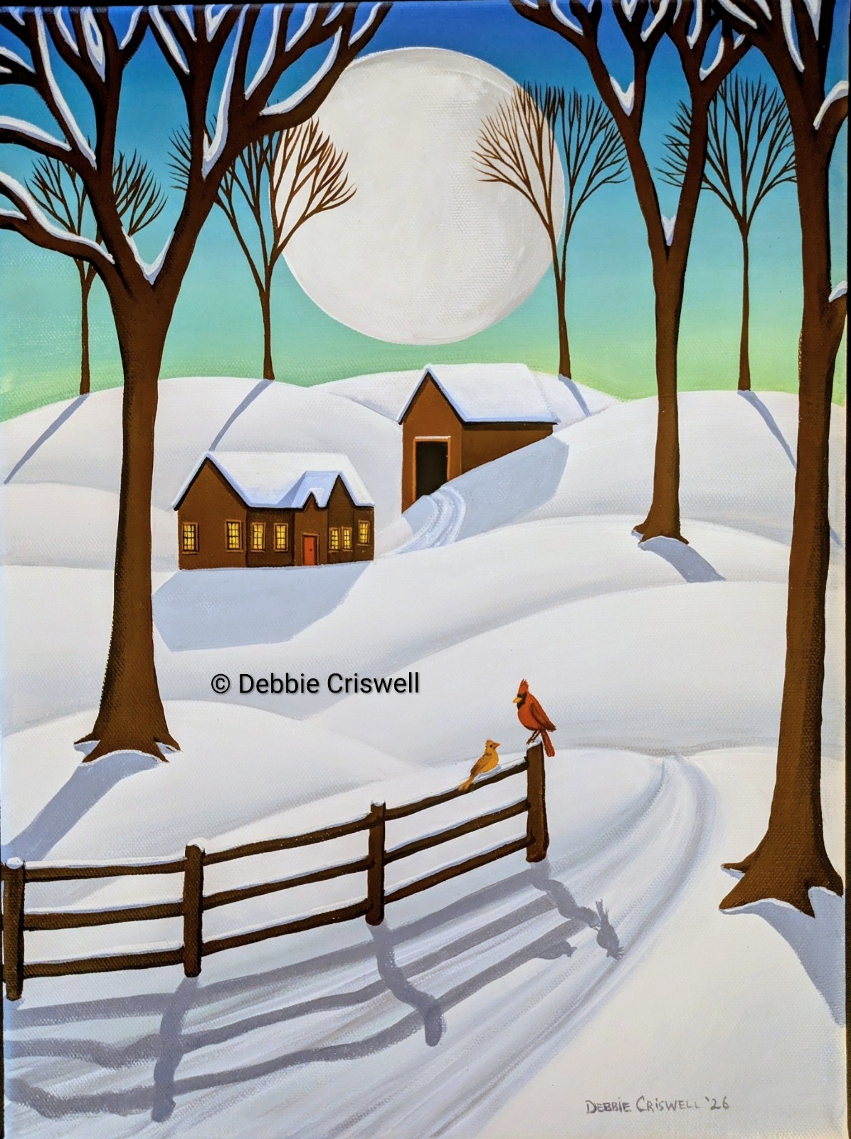 ORIGINAL PAINTING Folk Art Landscape Whimsy Cardinal Bird Red Mate Farm Winter