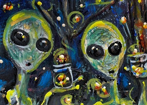 Original ACEO Painting ALIEN Fireflies Summer Night Tree Light Space UFO ATC ART