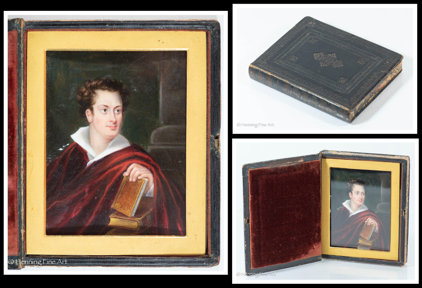 Exceptional Antique Miniature Portrait Painting – Lord Byron in Custom Book Case