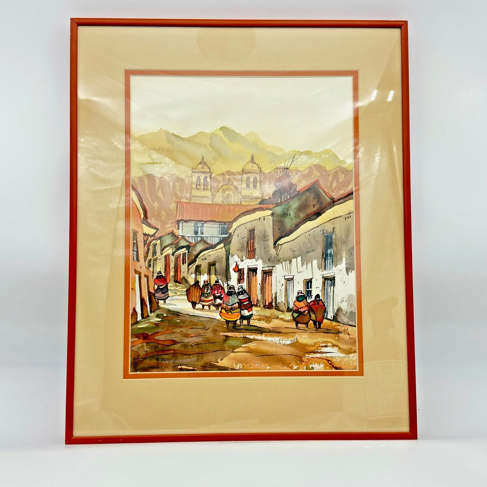 VTG Andean Peru Village Scene Watercolor Painting Signed Original 17.5×14.5