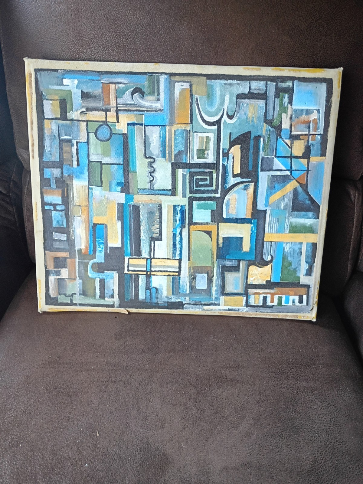 Vintage Mid Century Modern Original Oil Painting Abstract Geometric Art on Cloth