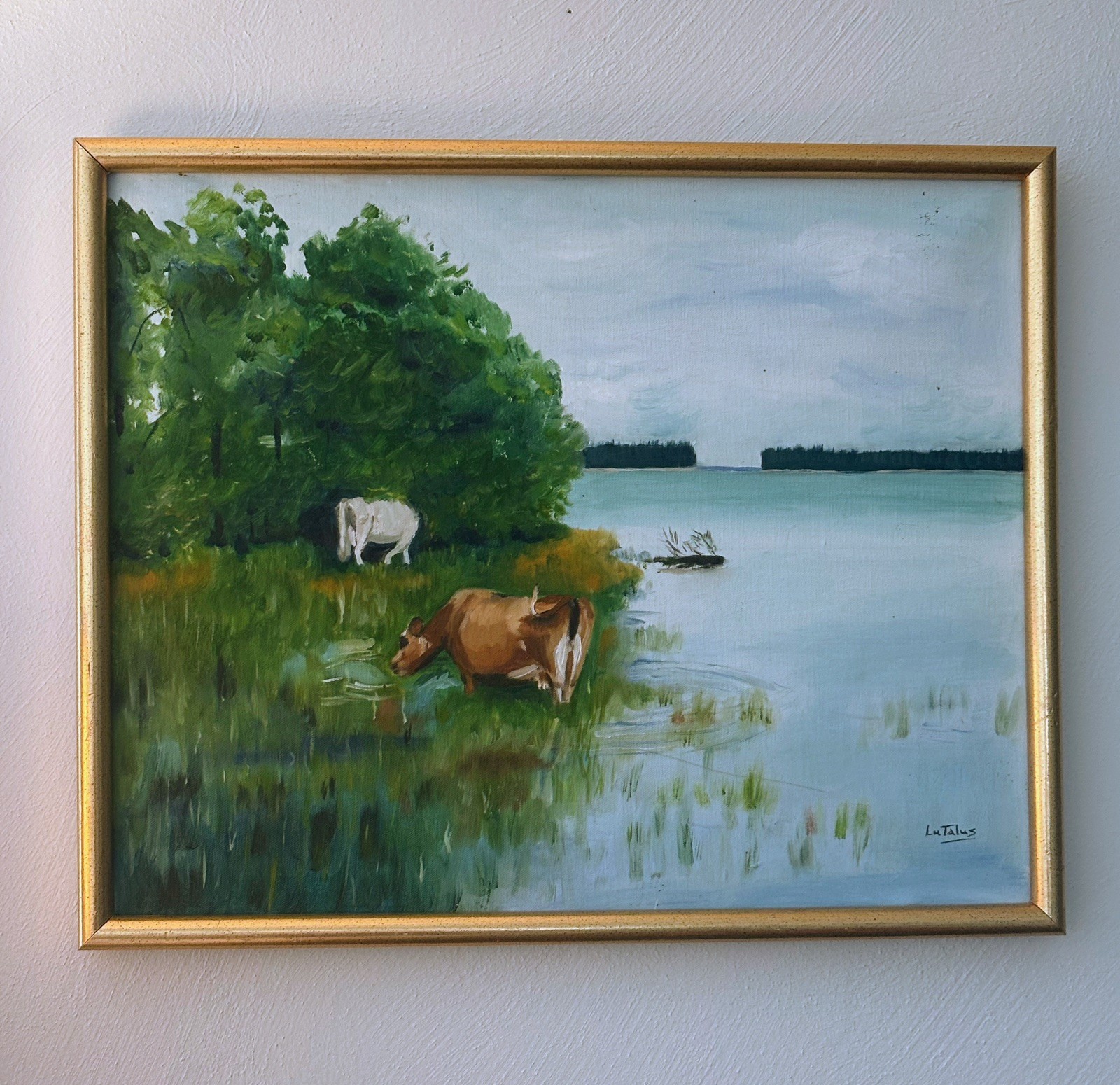 Vintage Acrylic Painting Landscape Cows Water 17”x 21” W / Frame 🌲💧🐮