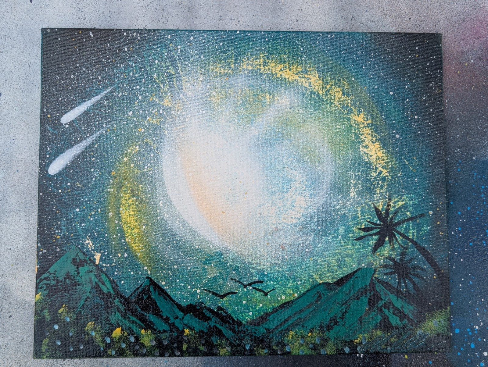 The Galaxy Beyond Time, 8×10 Spray Art on Canvas. Original Work . Signed.