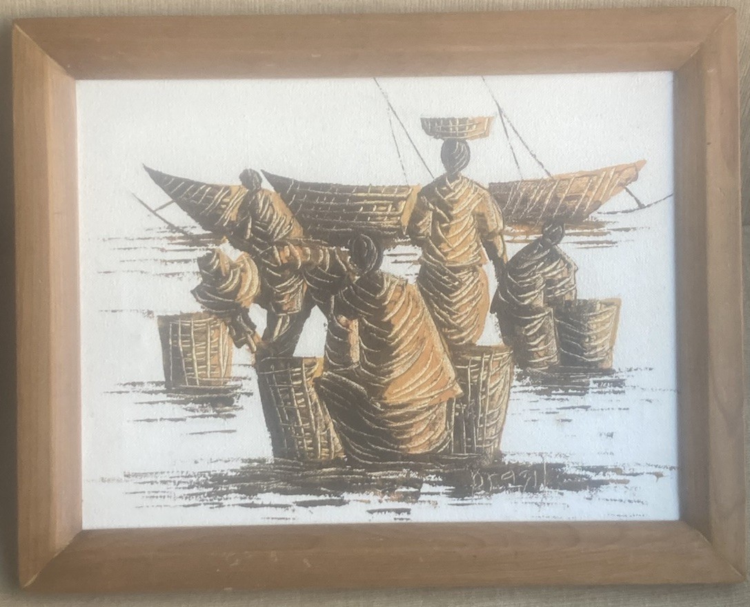 Original Oil Painting Canvas Waterside Village Asia Boats Baskets On Head Signed