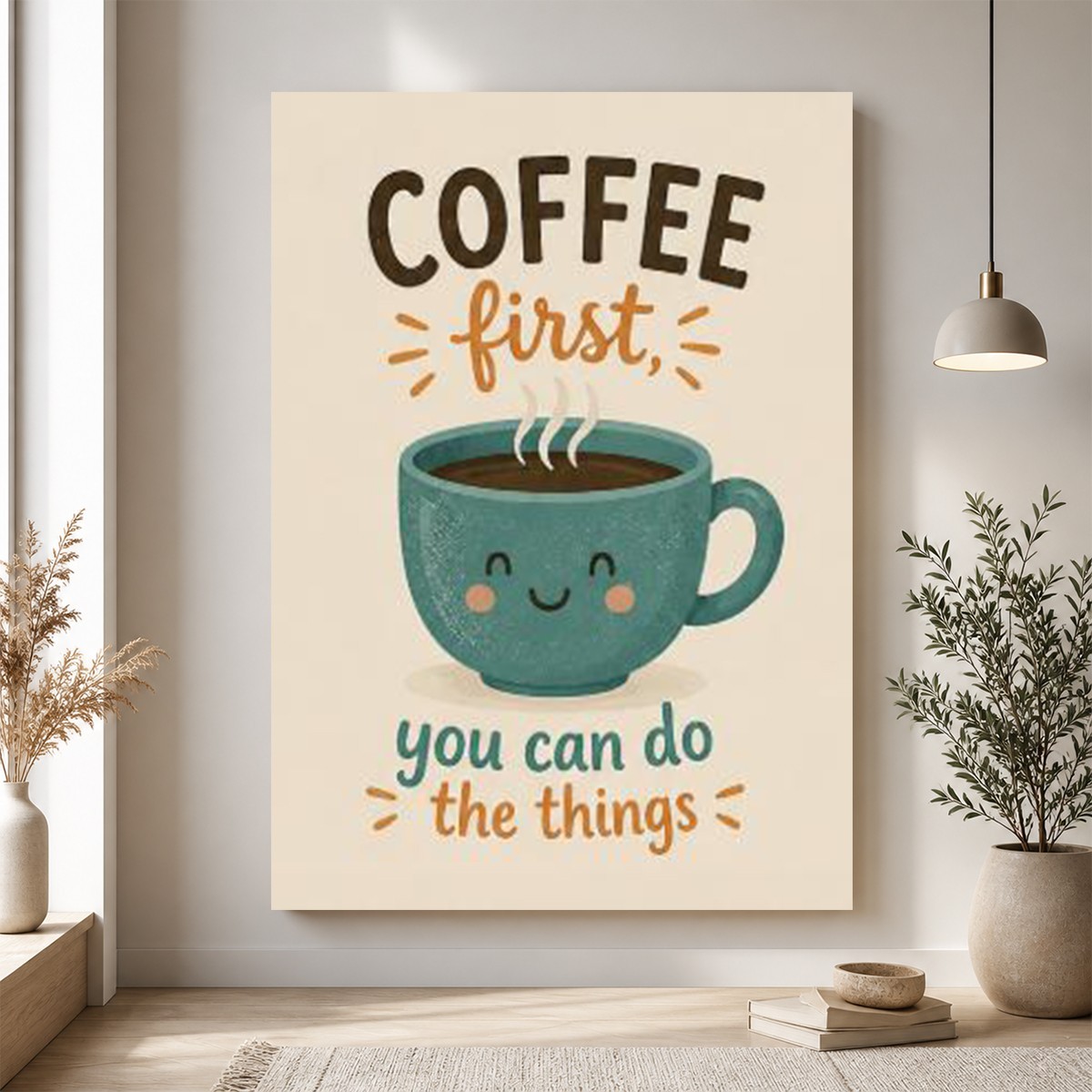 Coffee First Canvas Wall Art Cute Coffee Cup Kitchen Decor Motivational Quote