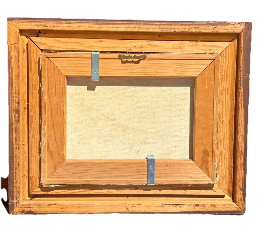Vtg Mountain Landscape Oil Painting Rustic Cabin Decor Wood Frame Linen Lined
