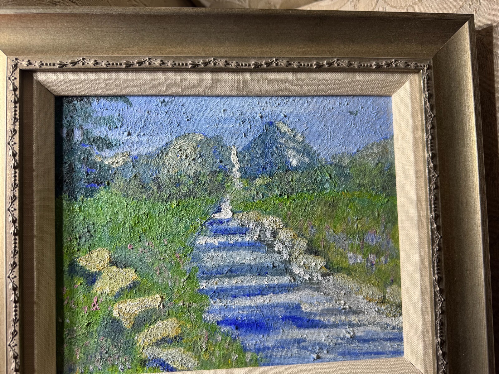 «Cascading River And Landscape Scene» Oil On Board Painting – Framed