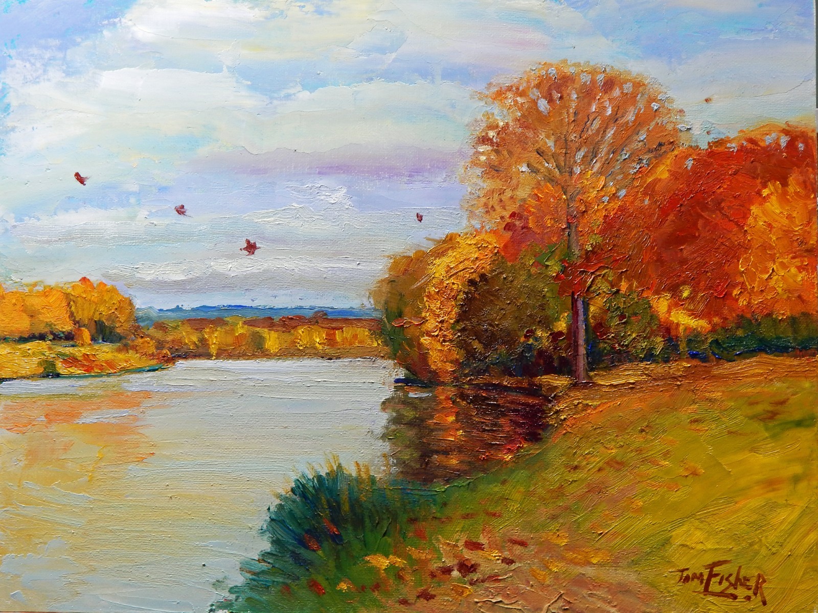 Windy river scene sky realistic Impressionism oil Painting landscape Tom Fisher