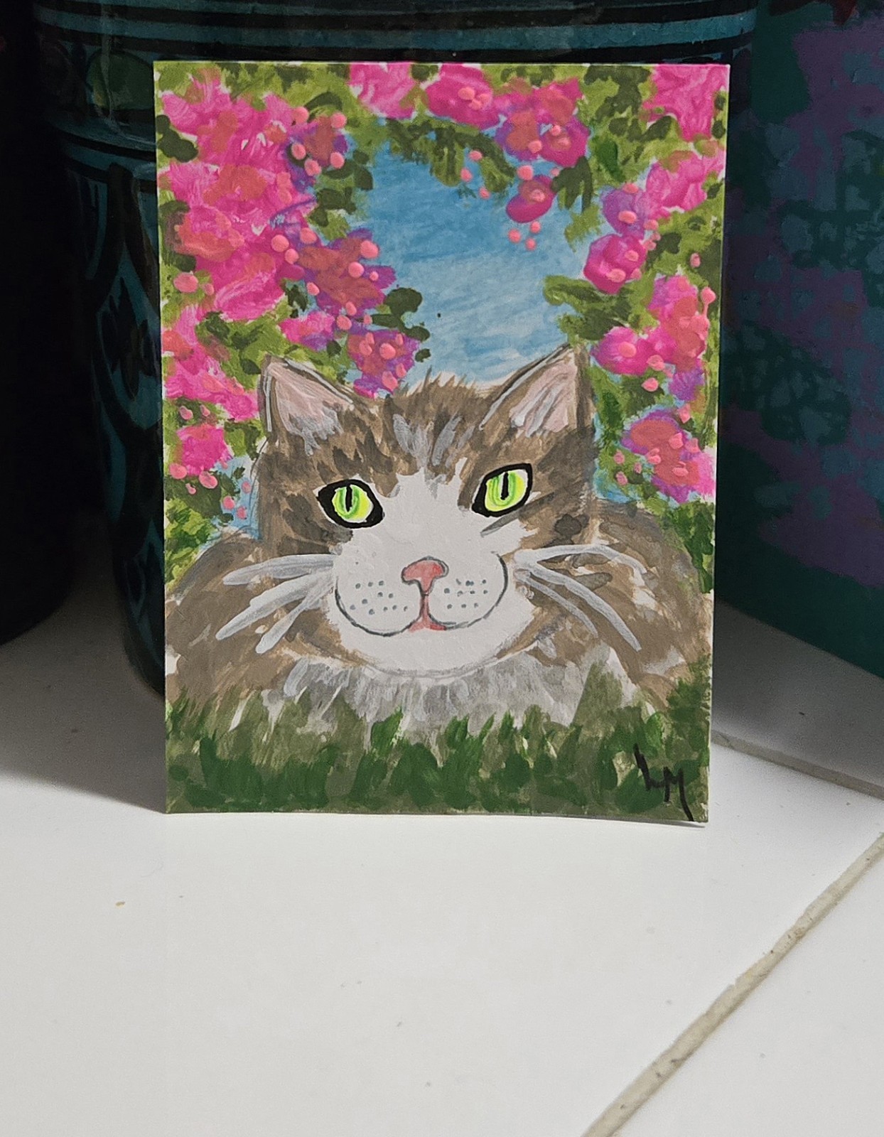 ACEO Original Art Painting Cat In Pink Spring Blossoms Garden Flowers OOAK ATC