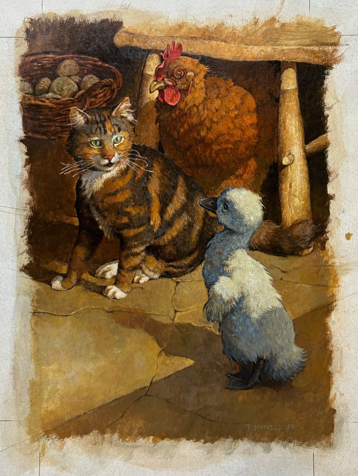 Original TROY HOWELL ‘Ugly Duckling’ CAT Chicken Duck BOOK Illustration PAINTING