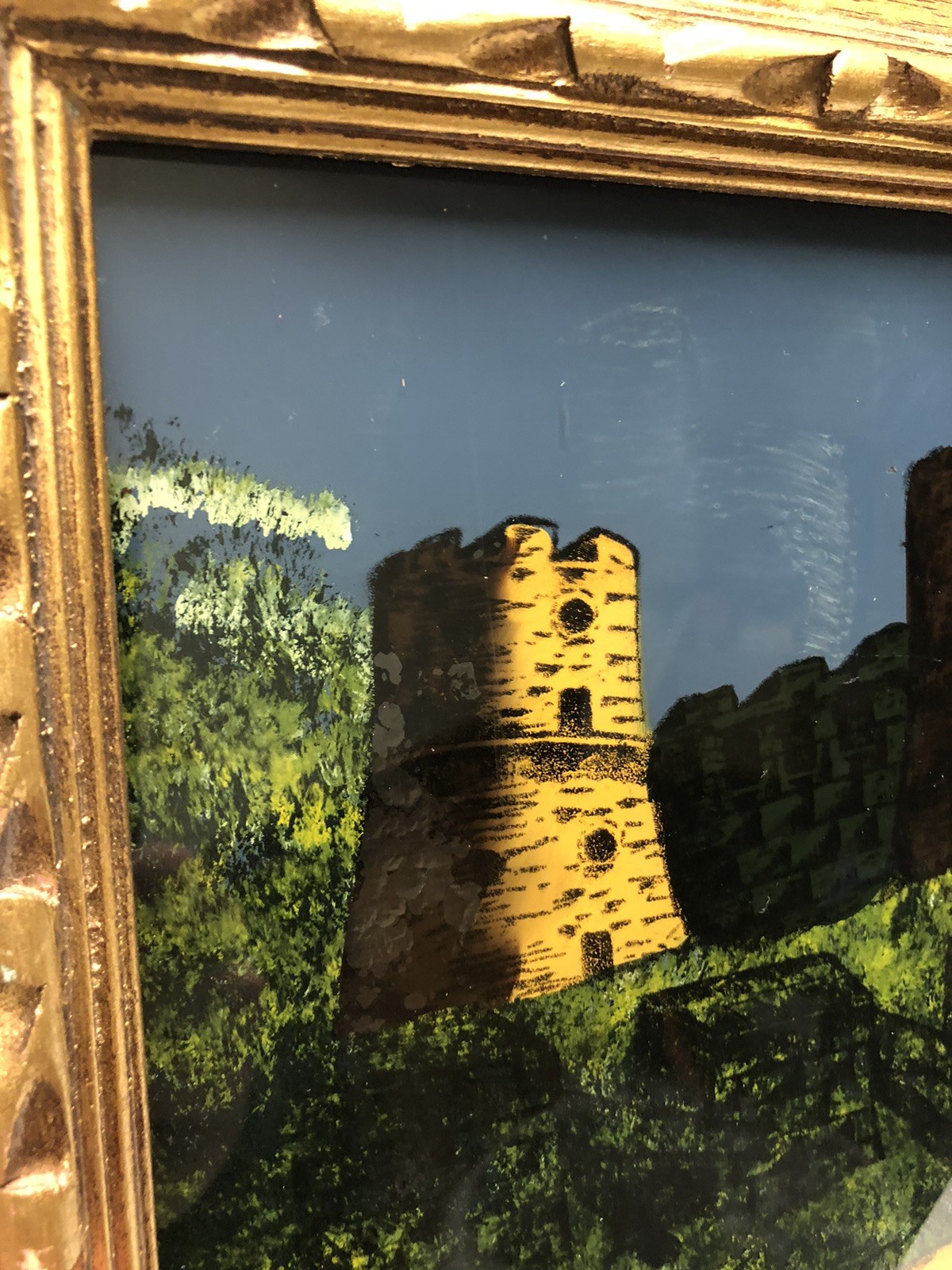 Unique VTG Castle Scene Reverse Painted On Glass With Abalone Shells Wood Frame