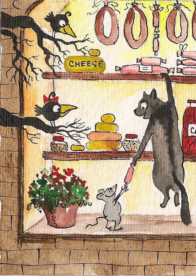 PRINT OF WATERCOLOR ACEO PAINTING RYTA FOLK ART BLACK CAT MOUSE CROW WHIMSICAL