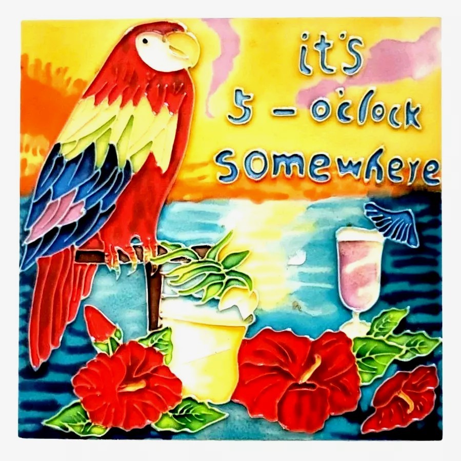 Parrot Hawaiian Tropical Style Embossed Hand Painted Art Ceramic Glazed Tile