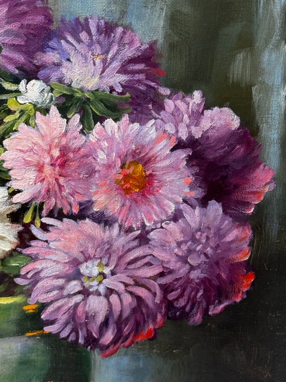 Victorian Still Life Oil Painting Flowers Chrysanthemums In Vase Emily Selinger