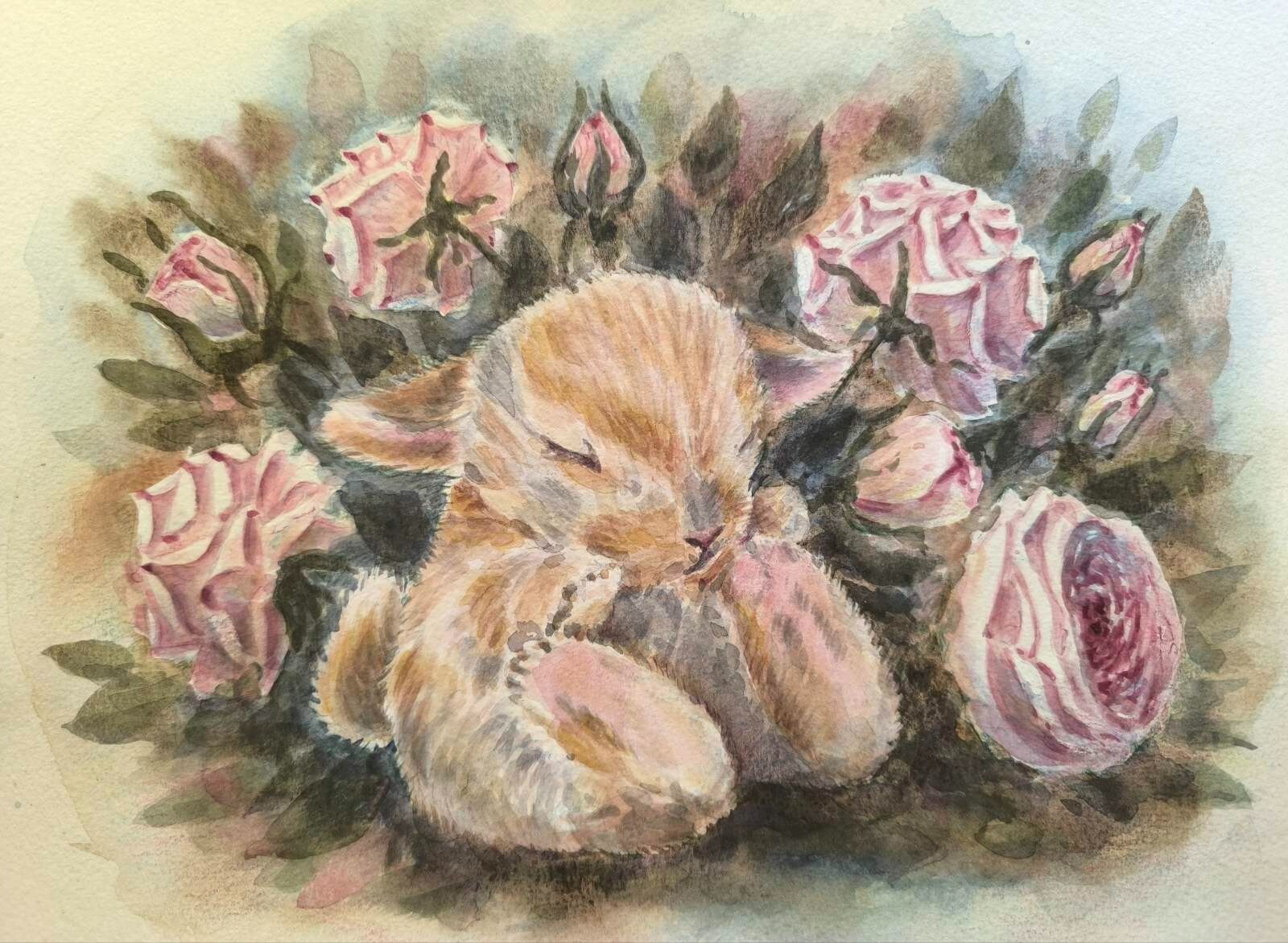 FUNNY BANNY ANIMAL RABBIT Original Painting PINK ROSES Nursery Baby Room Gift A4