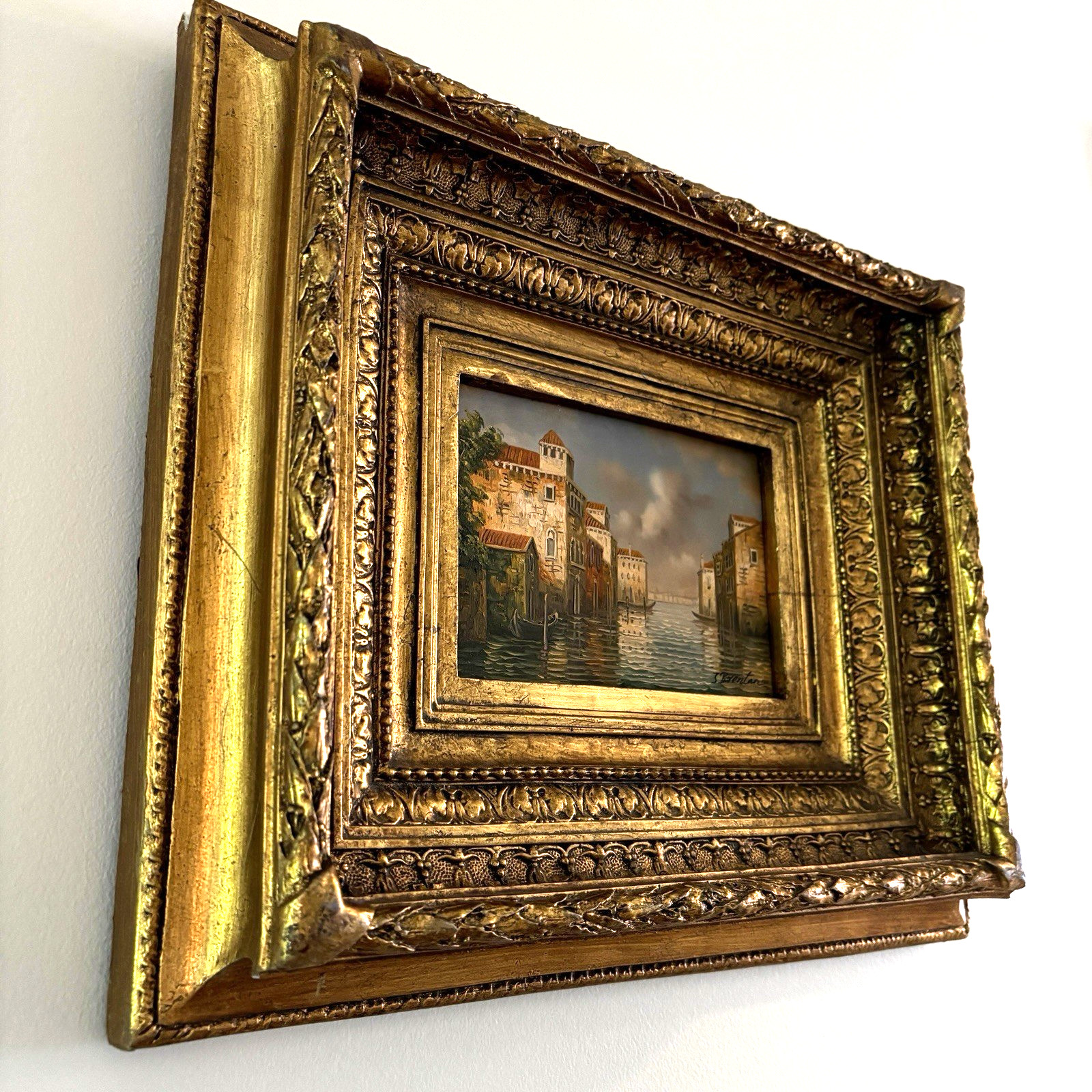 Venetian Canal Oil Painting Ornate Gold Frame Signed Italian Scene Wall Art Vtg