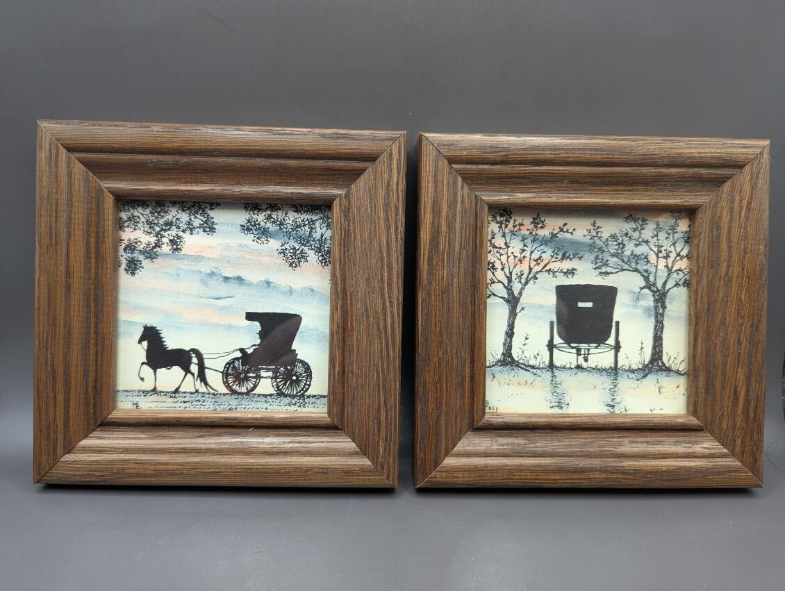 Vintage Small MB Frey Paintings Set of 2 Horse and Buggy Side and Rear View 4X4