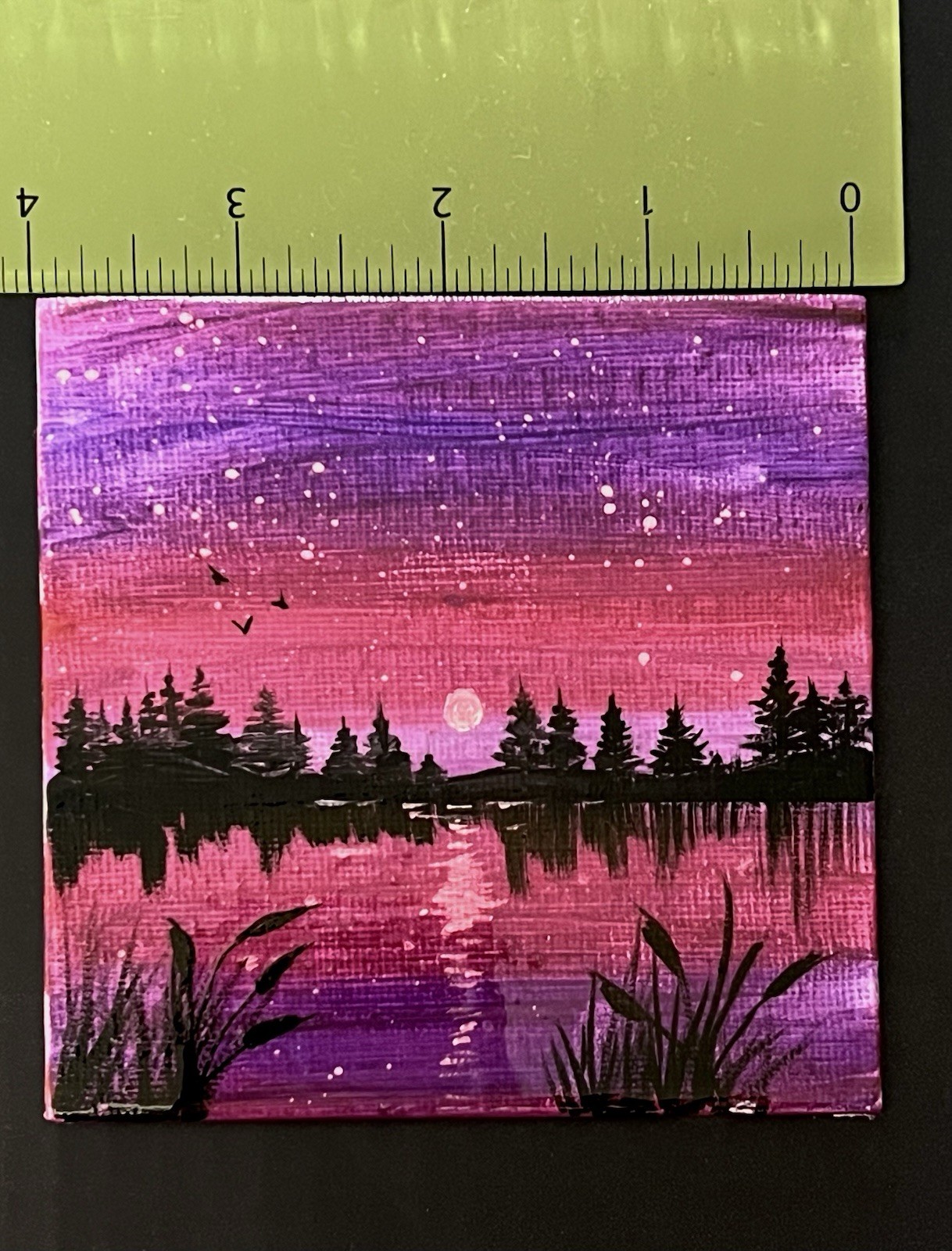 Mini 4×4” Purple Moonlight Landscape Acrylic Canvas Panel w/Display Easel
