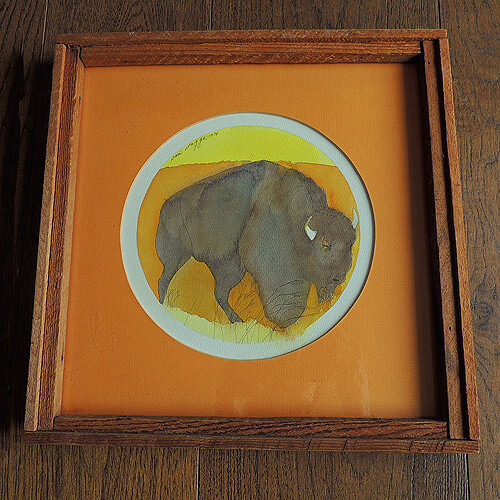 a signed original water color painting by sari staggs portraying a buffalo