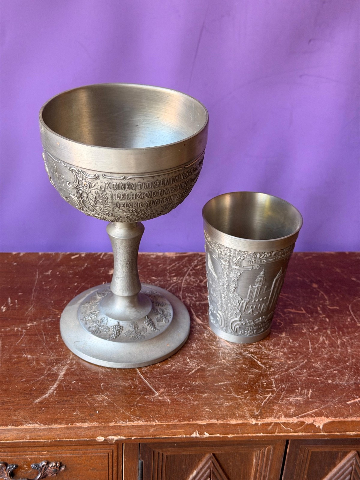 Vintage German Pewter Goblet Beaker Set Heilbronn Zinn Drinkware