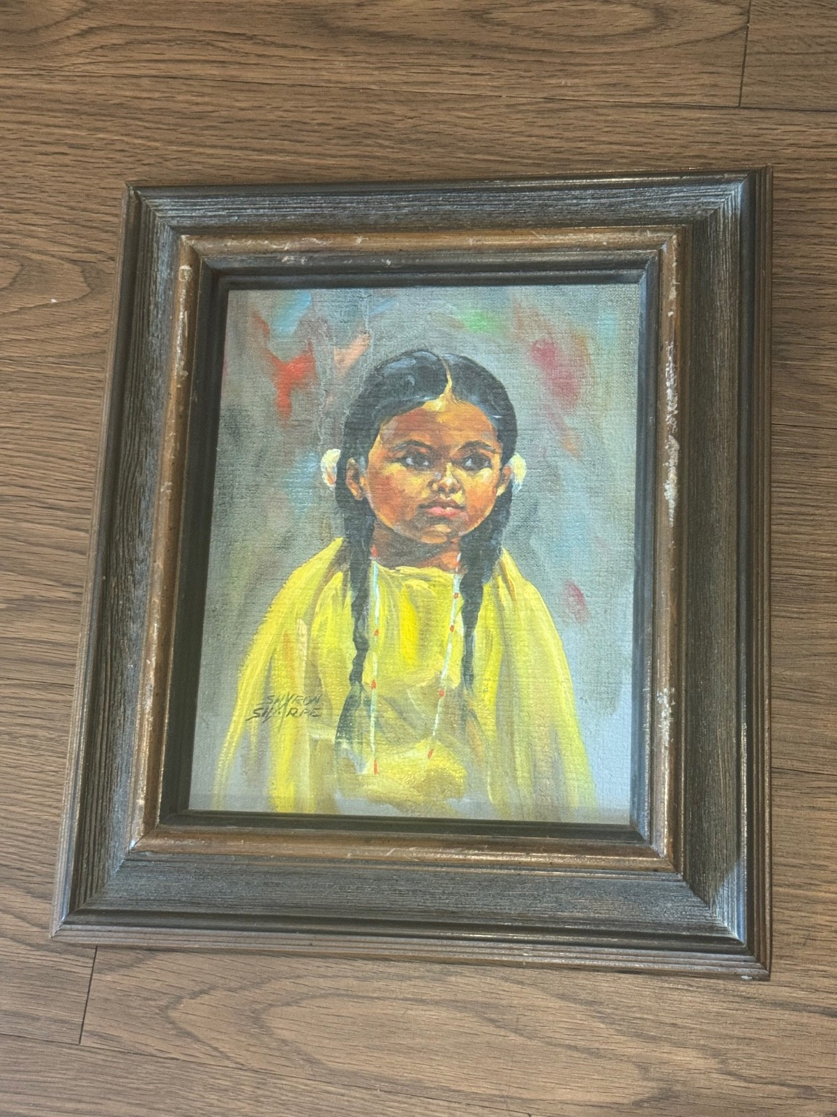 Sharon Sharpe Signed Oil on Canvas Painting of Young Native American Girl 1 of 2